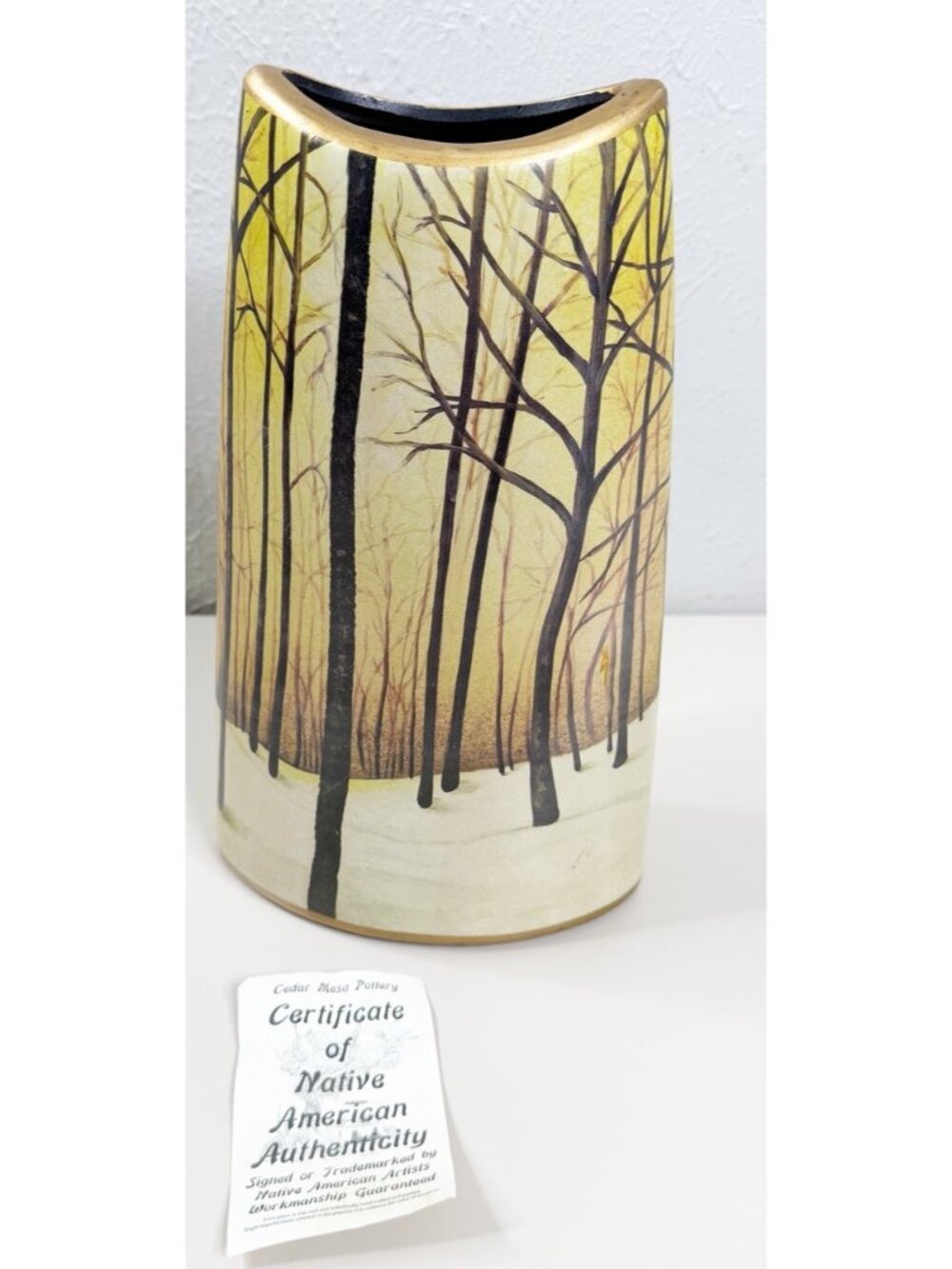 VTG Pillow Vase Indian Art Ceramic 12.5" WinterLandscape Tree Design Neutral EUC